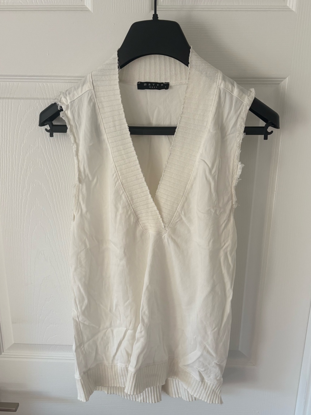 Maven West Deep V-Neck Sleeveless Blouse - Optic White Raw Edge Top Size S